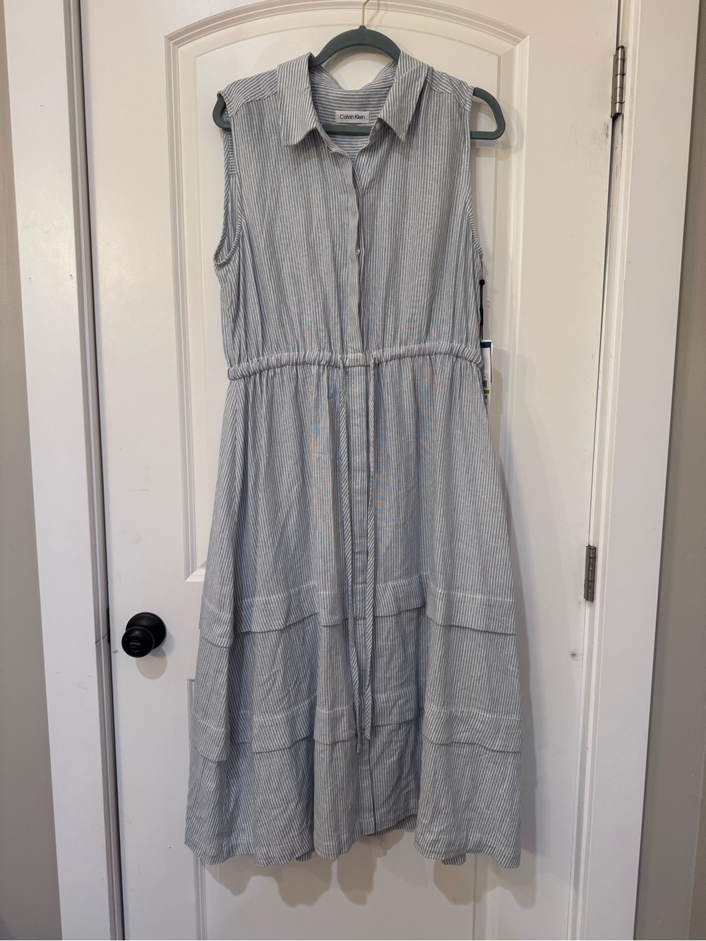Calvin Klein Lightweight Blue & White Striped Sleeveless Button Dress